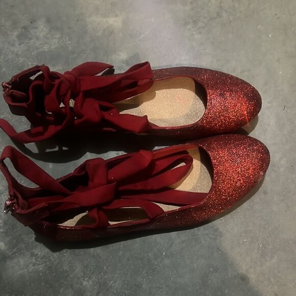 Size 6.5 Upcycled Sparkly Red Trash Ankle Wrap Ballet Flats - Picture 6 of 6
